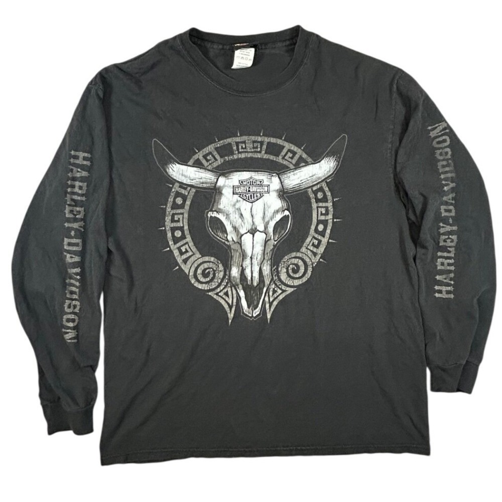 Harley-Davidson Long Sleeve Shirt Mens Large Black Steer Skull Route 66 Tulsa OK